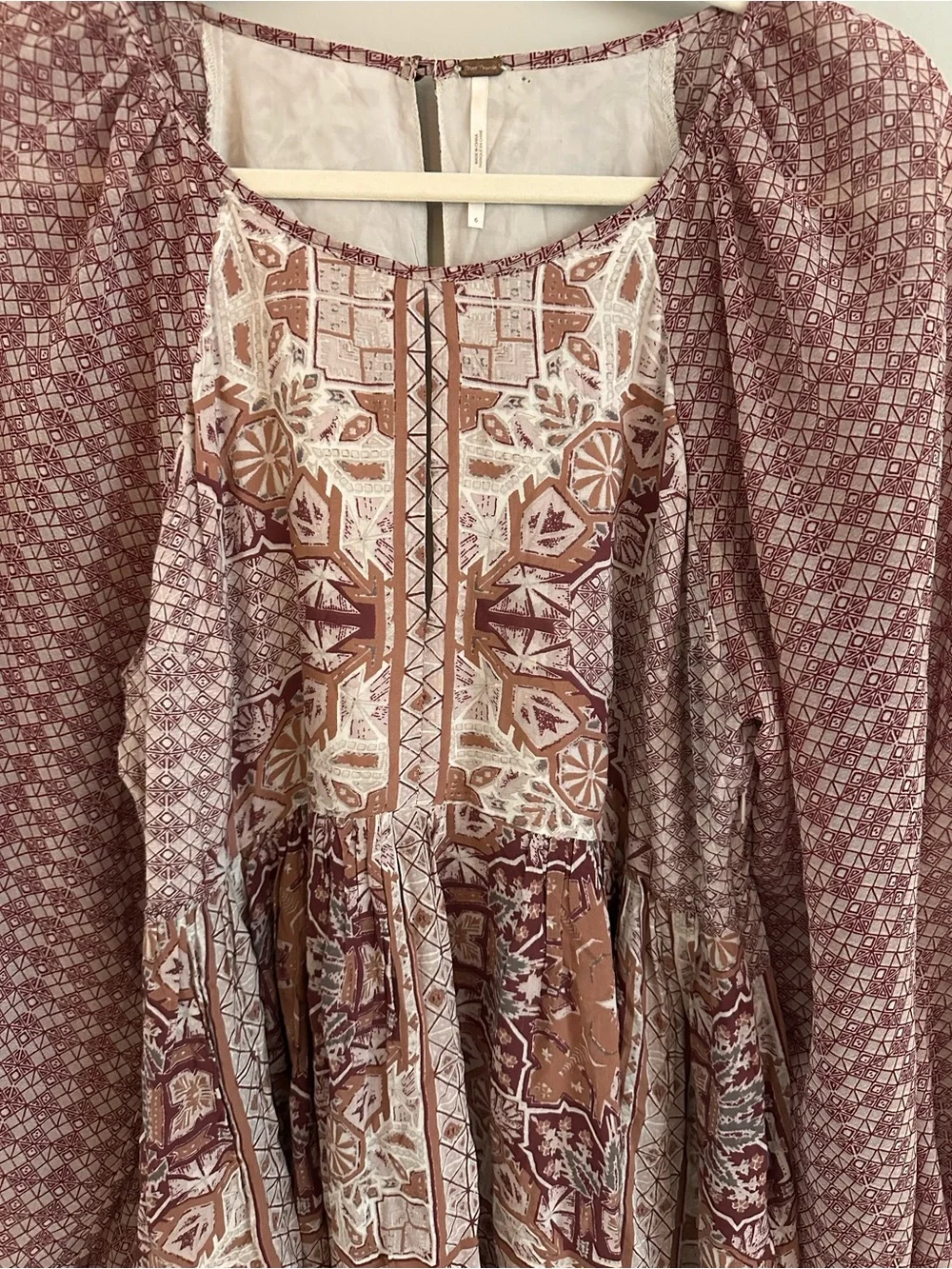 Free People Oksana Mini Dress Boho Paisley Pink Print Long Sleeve Size 6